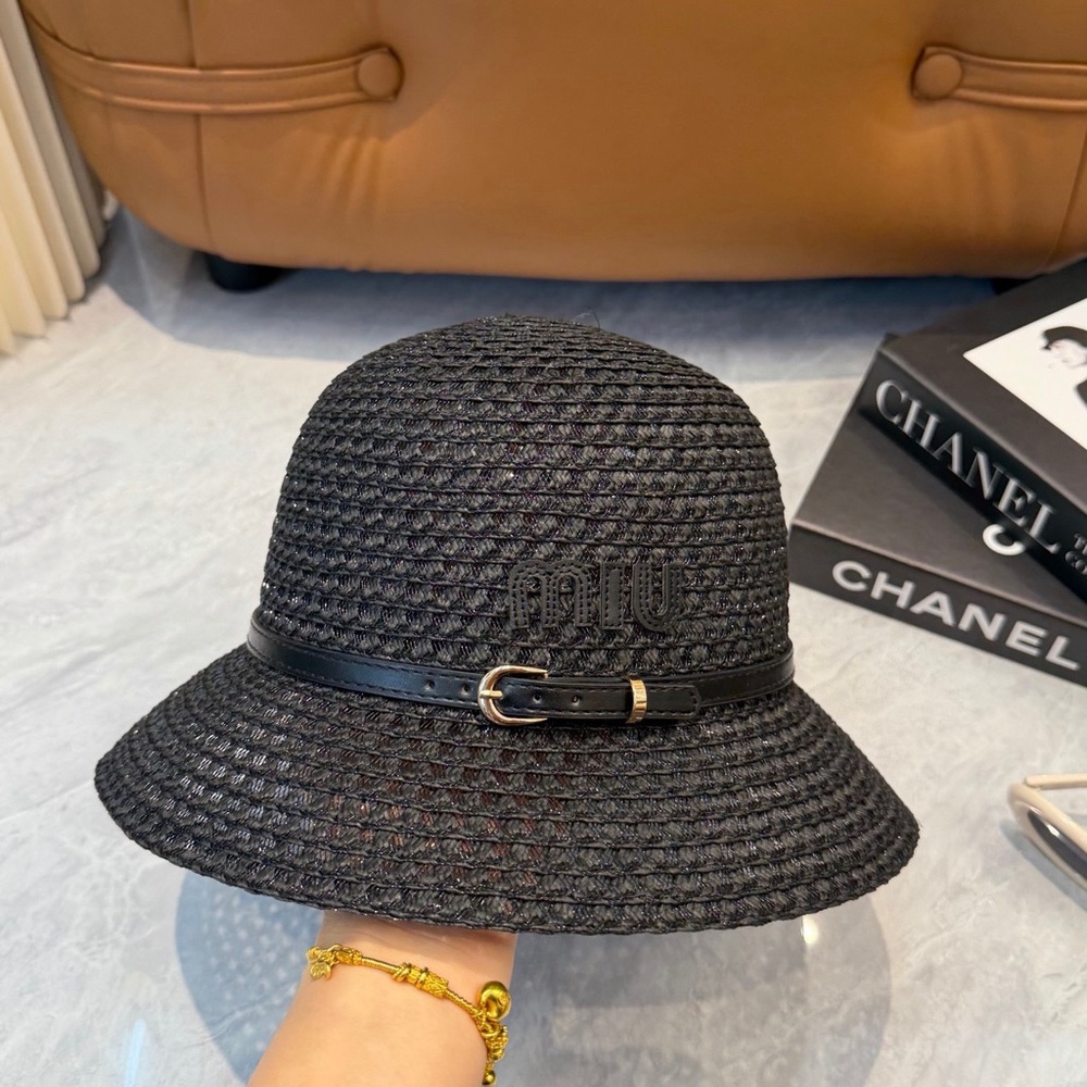 Miu Miu Black Woven Straw Bucket Hat with Leather Band and Gold Buckle